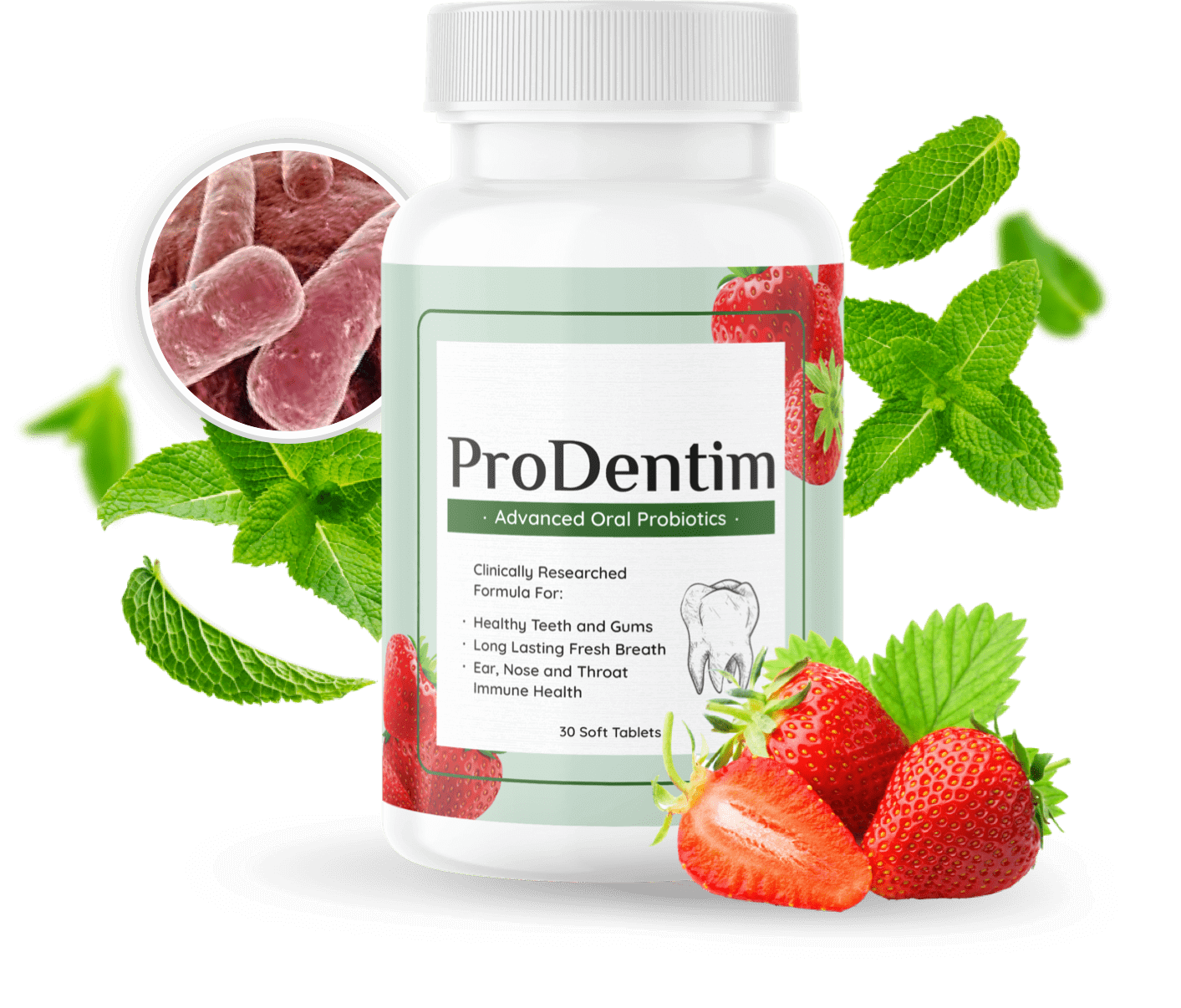 ProDentim Advanced Oral Probiotics bottle with mint leaves and strawberries – best oral probiotic for teeth and gums 2026